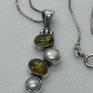 Sterling  pearl & amber necklace